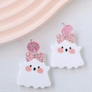 Cute Ghost Earrings with Pink Glitter Bows